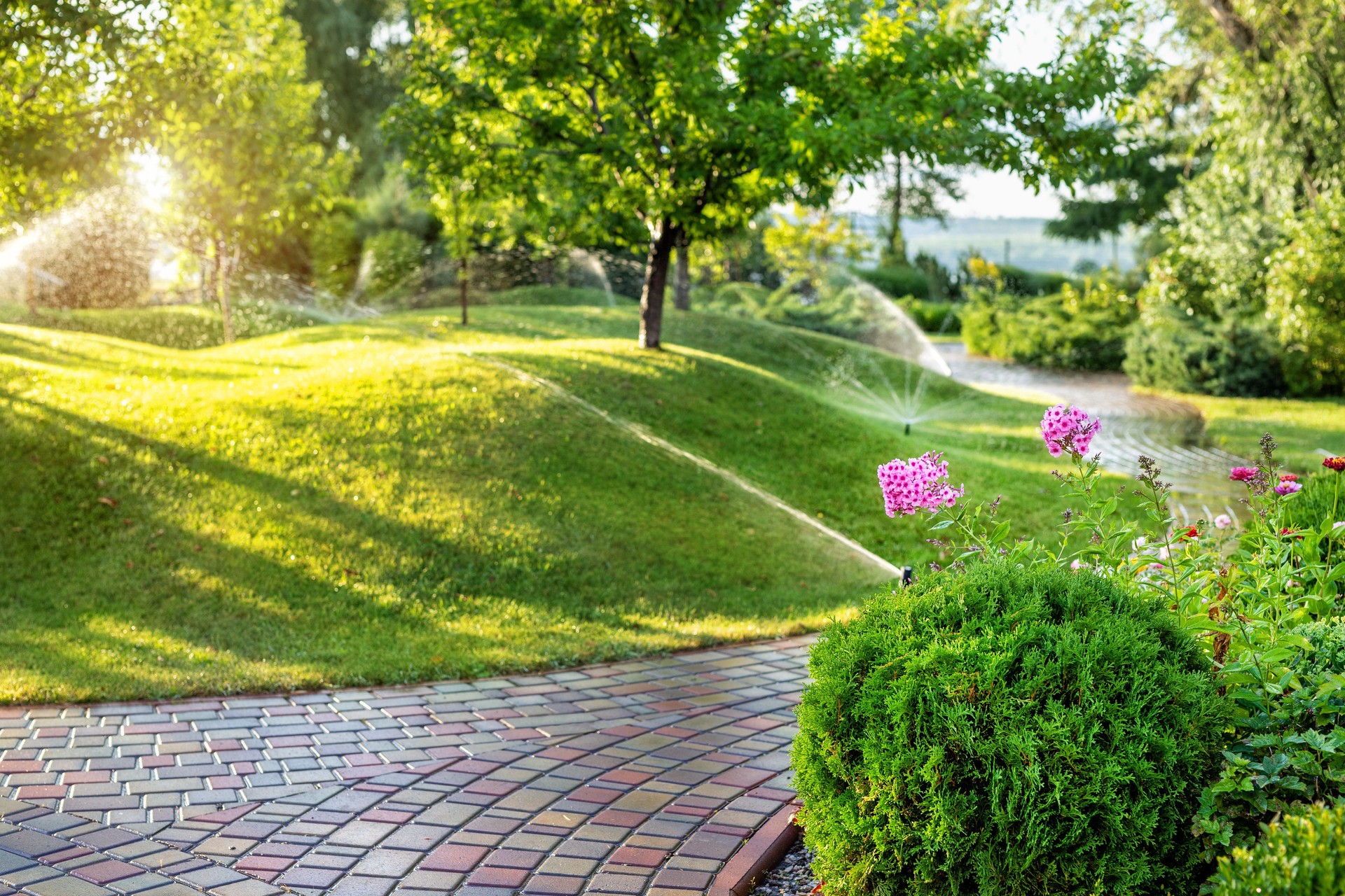 Automatisches Gartenbewässerungssystem mit verschiedenen Sprinklern unter Rasen installiert. Landschaftsgestaltung mit Rasenhügeln und Obstgarten bewässert mit intelligenten autonomen Sprayern bei Sonnenuntergang Abends