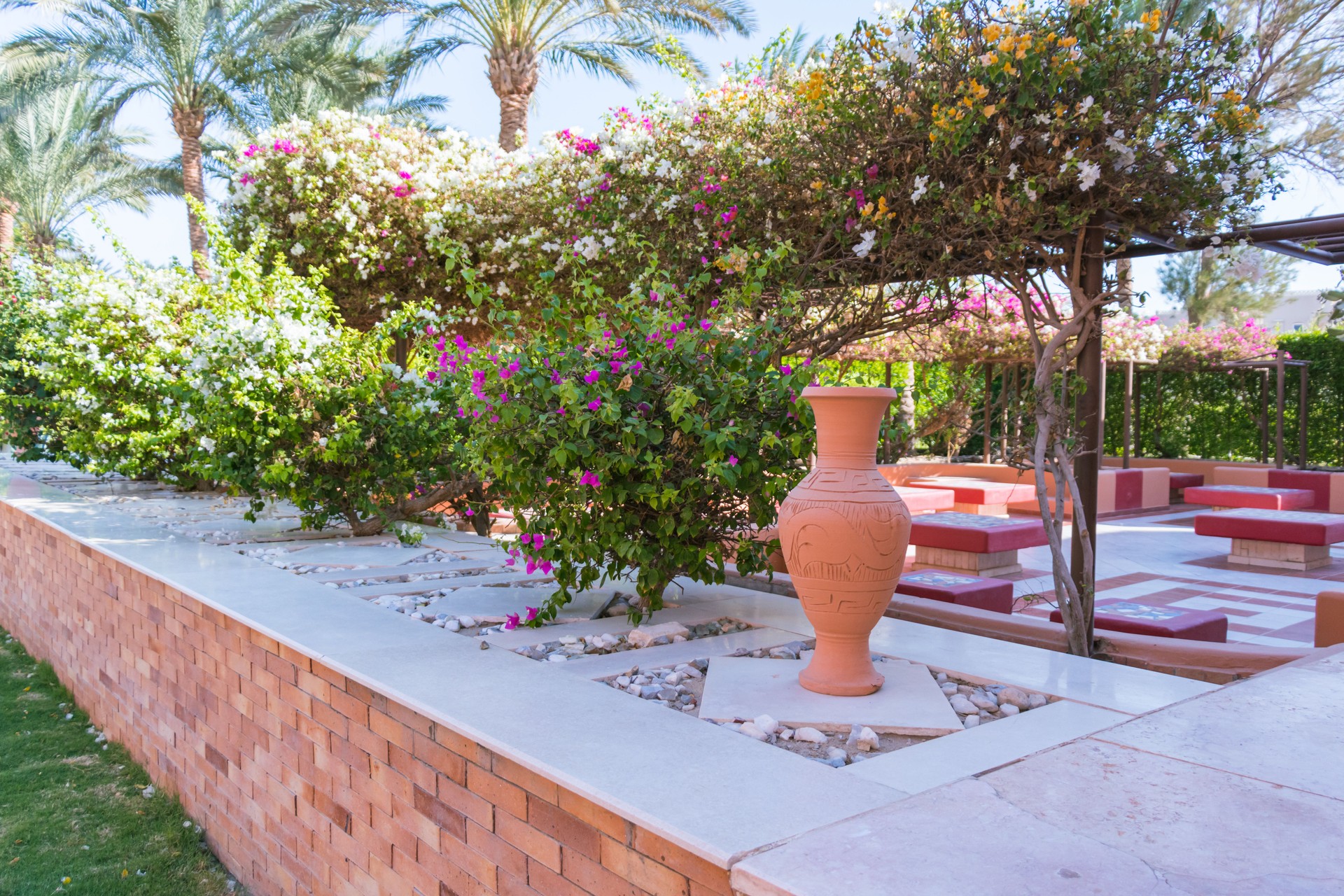 Garten mit blühendem Oleander, dekorativen Terrakotta-Steingutkrügen und Bänken